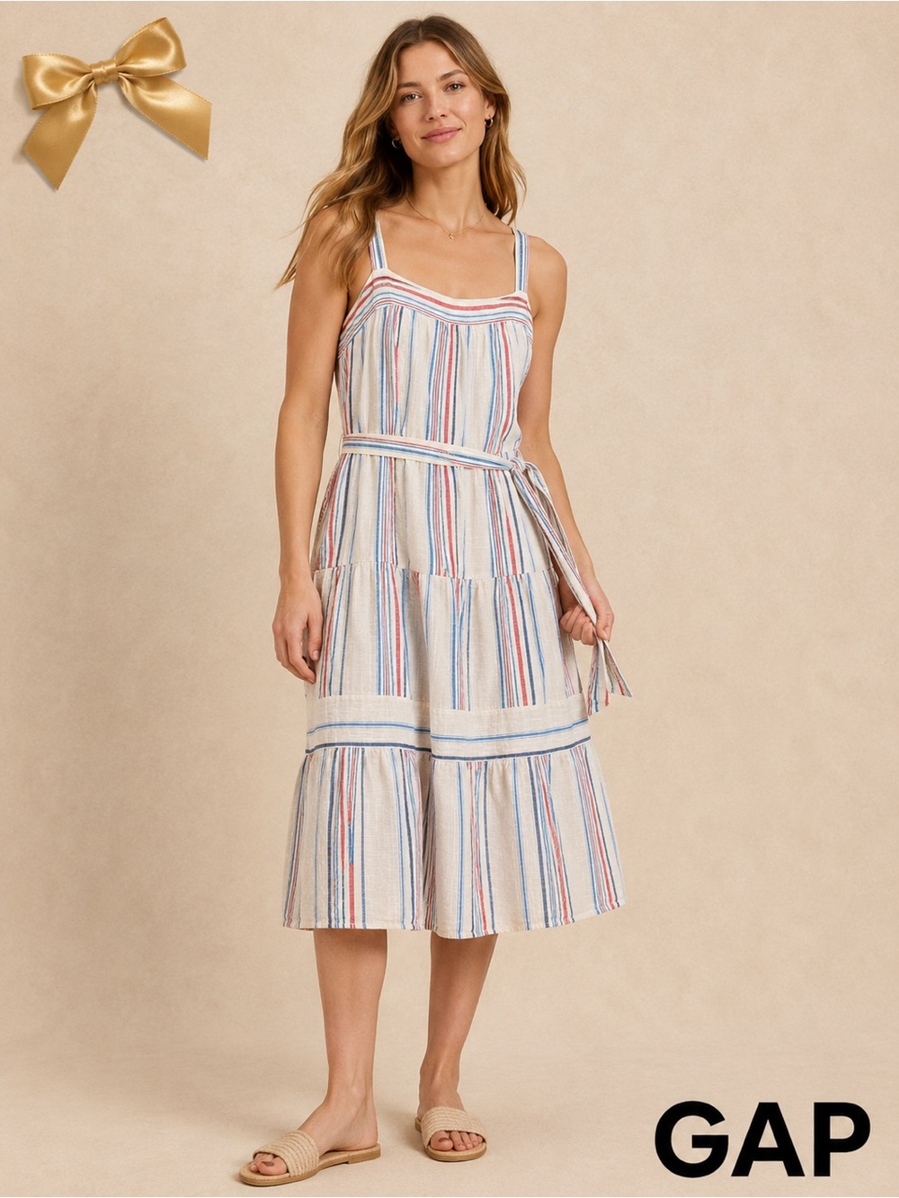 Gap Striped Cotton Tie-Waist Red White & Blue Sundress Medium